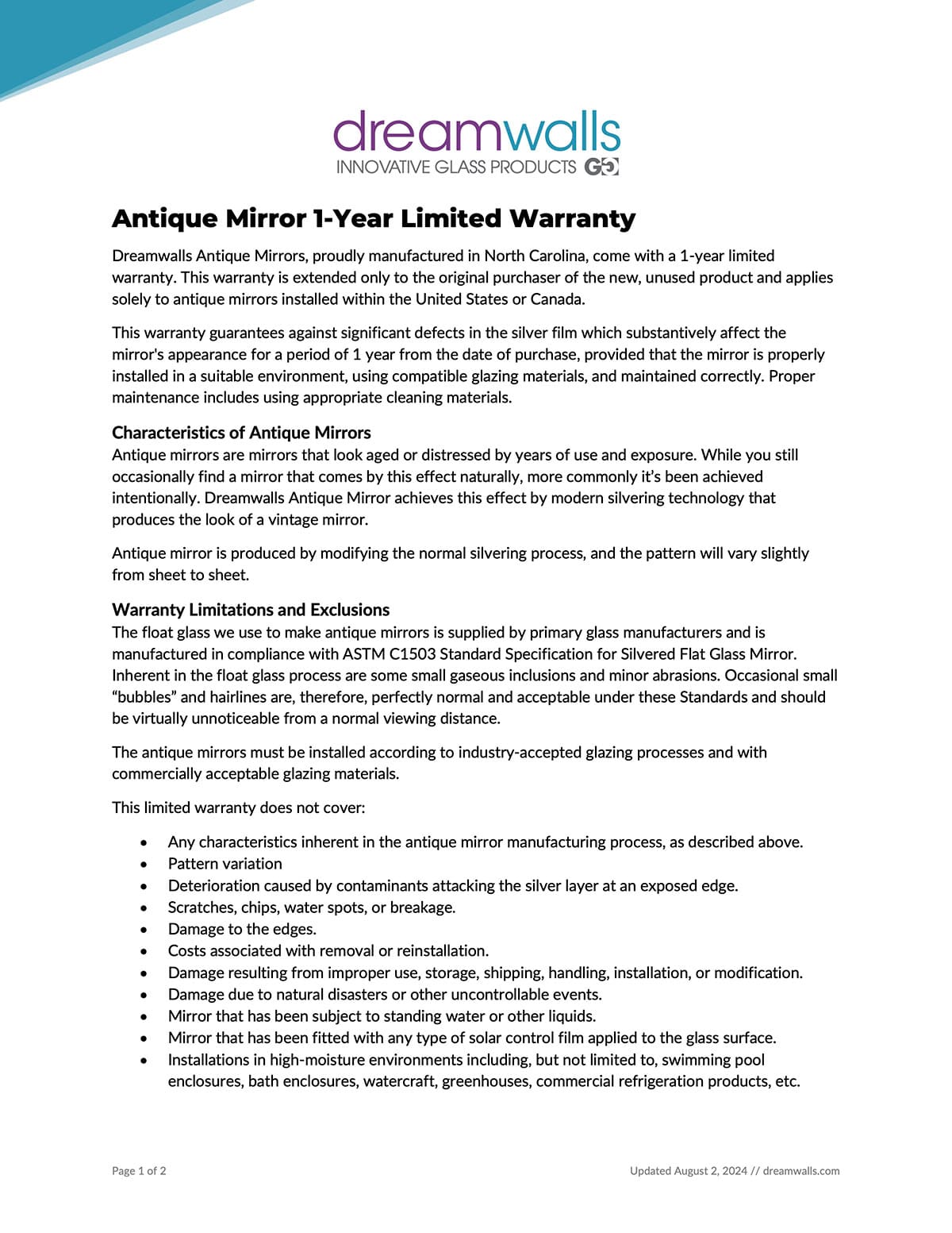 Antique Mirrors 1-Year Limited Warranty-Dreamwalls