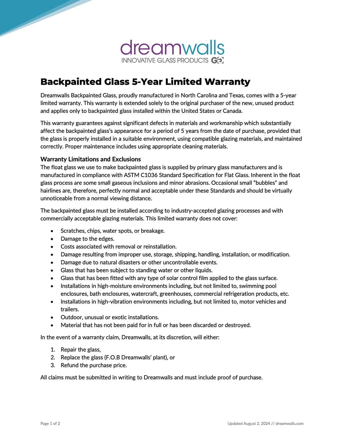 Backpainted Glass 5-Year Limited Warranty-Dreamwalls