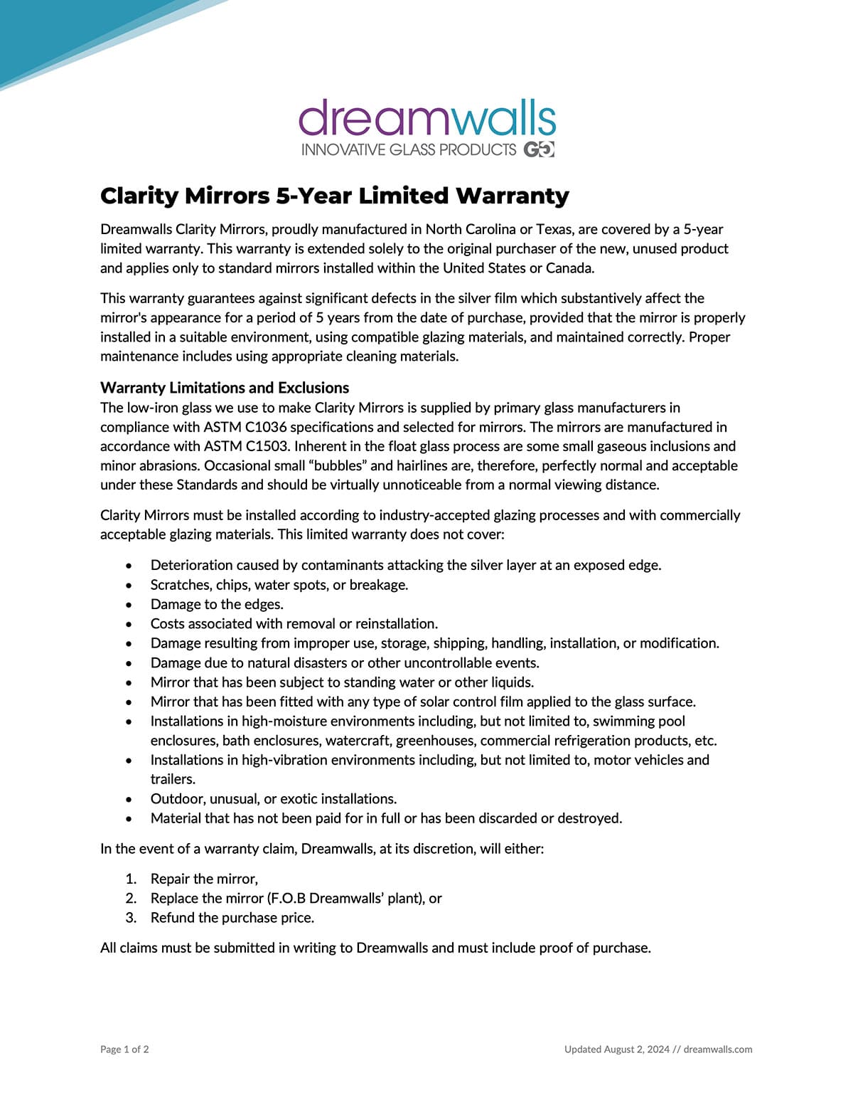 Clarity Mirrors 5-Year Limited Warranty-Dreamwalls