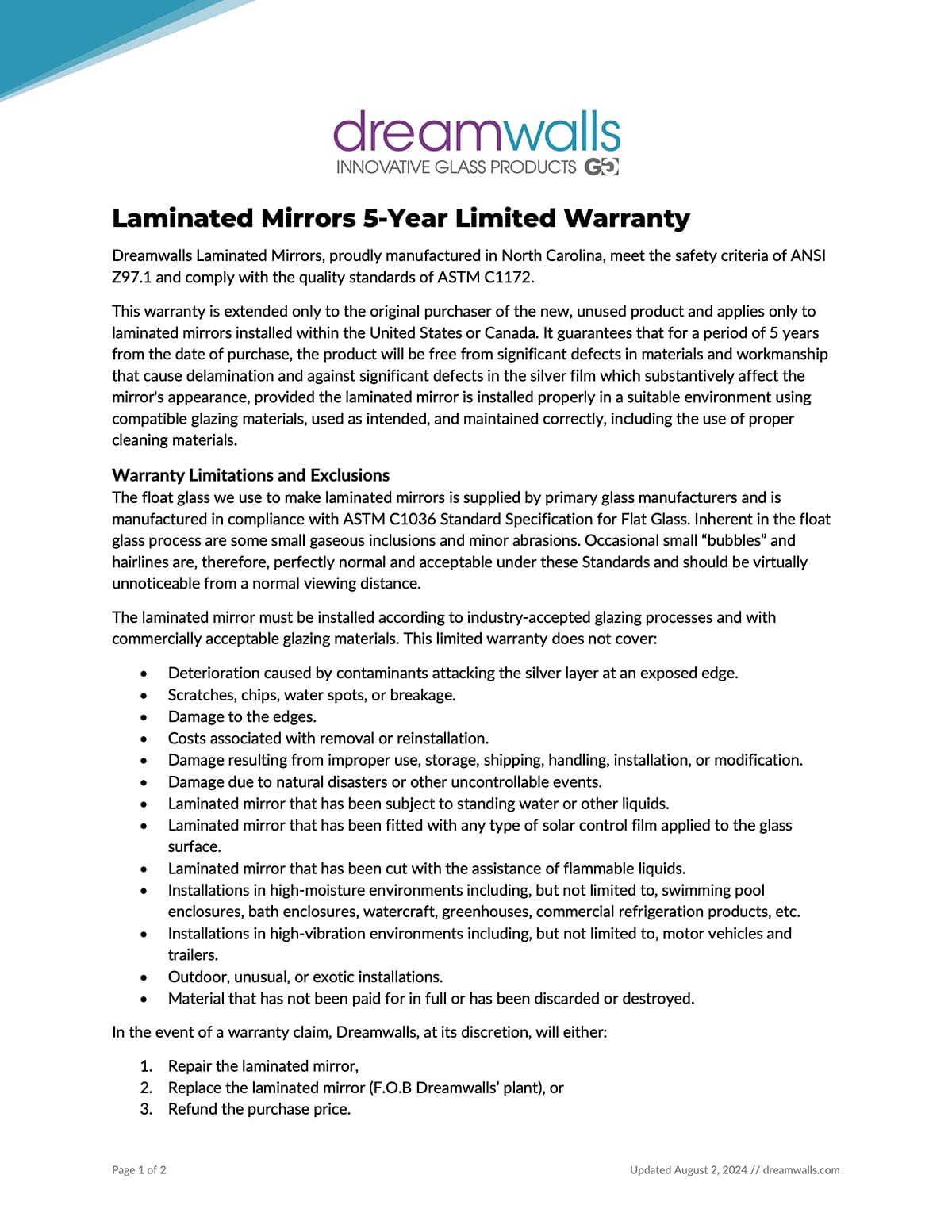 Laminated Mirrors 5-Year Limited Warranty-Dreamwalls