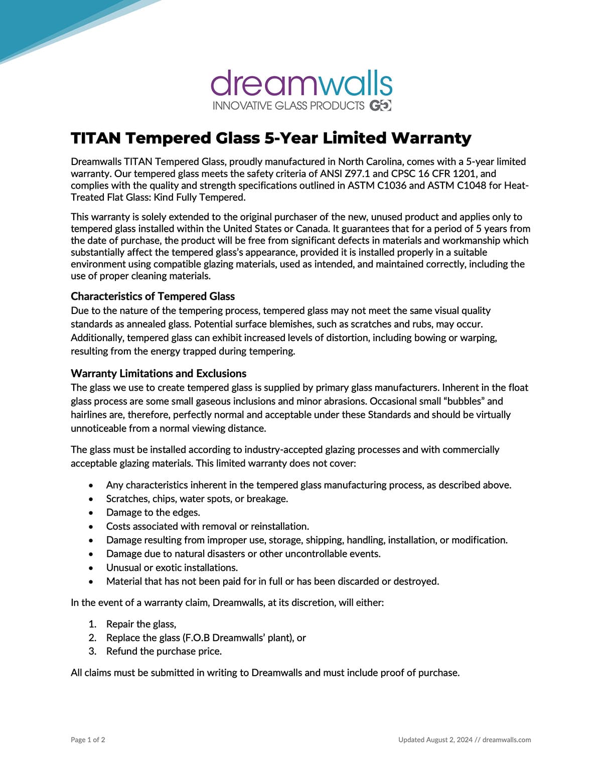 Tempered Glass 5-Year Limited Warranty-Dreamwalls